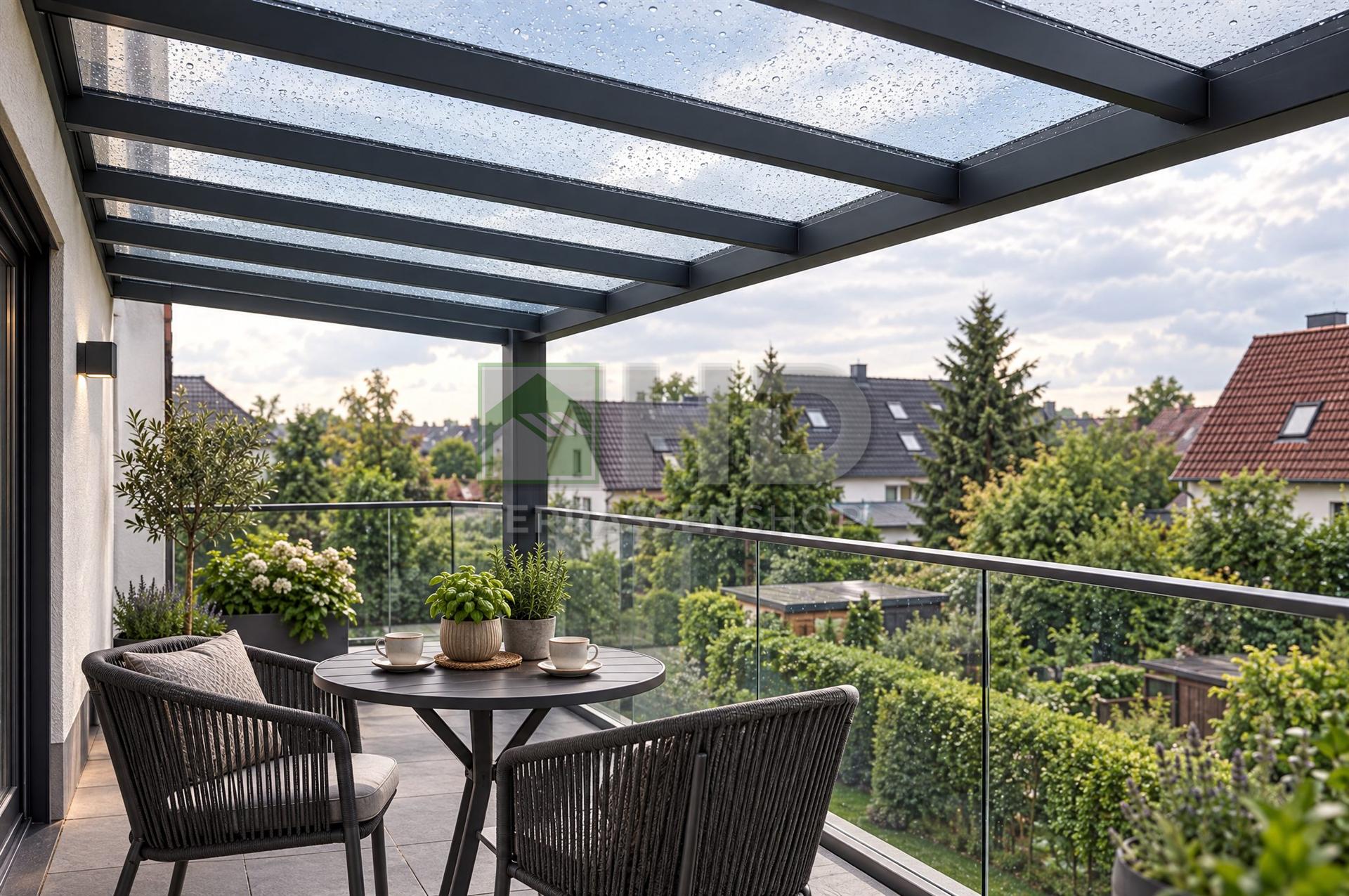 Überdachter Balkon mit Glasdach und Sitzplatz