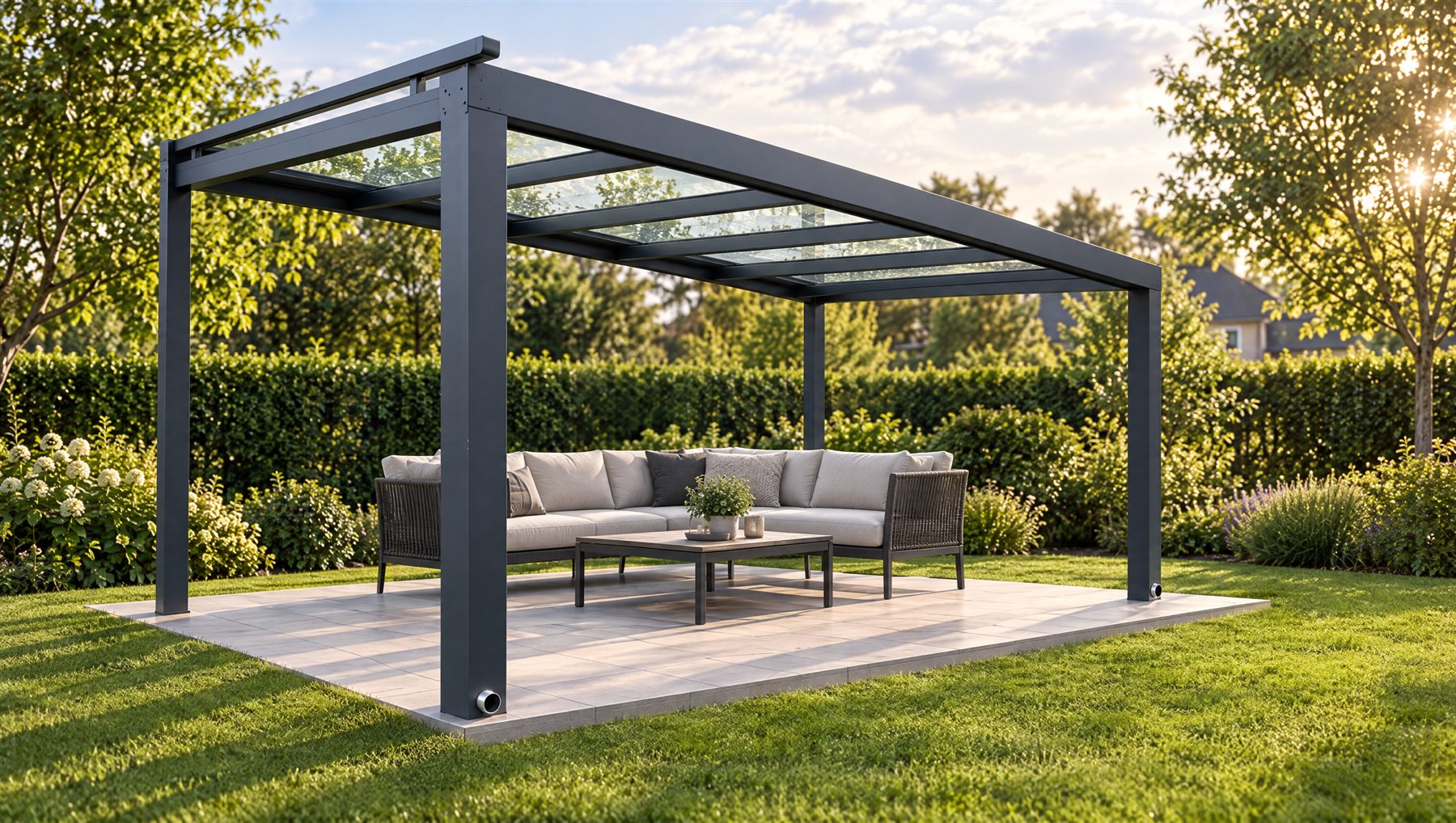 Freistehende Terrassenüberdachung mit Pultdach aus Glas, vier Anthrazit-Pfosten und Lounge im Garten
