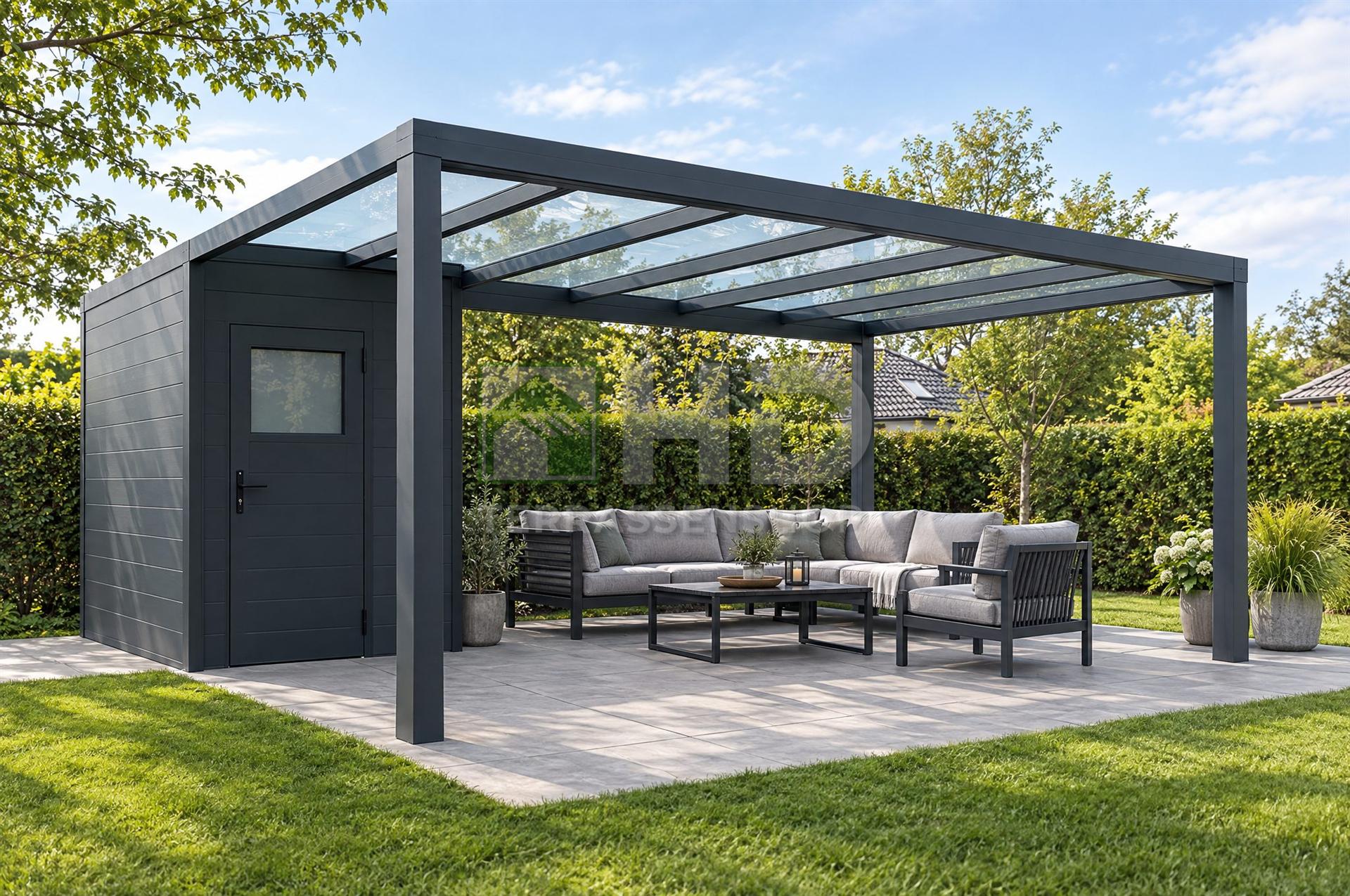 Terrassenüberdachung mit integriertem Gerätehaus aus Aluminium