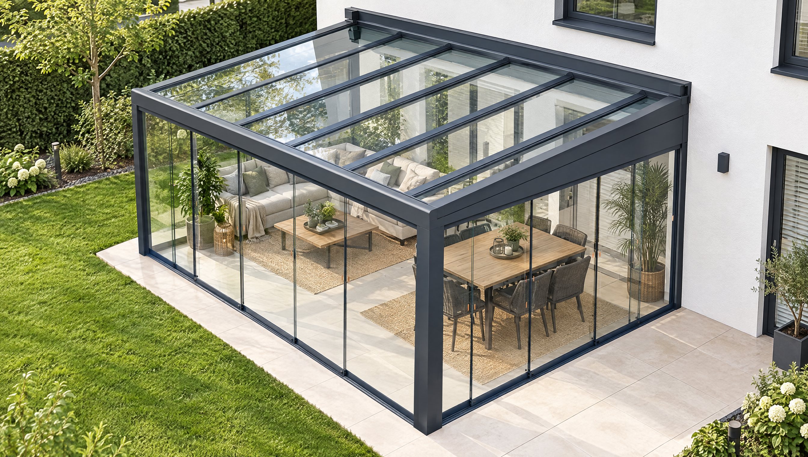 Kaltwintergarten aus der Vogelperspektive: Pultdach mit Glas, Wandprofil, Alu-Keil und Glasschiebewände rundum